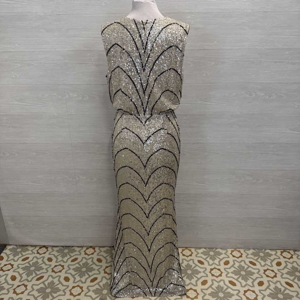 Laundry Silver/ Gold/ Black Sequin Print Long Formal Dress 12