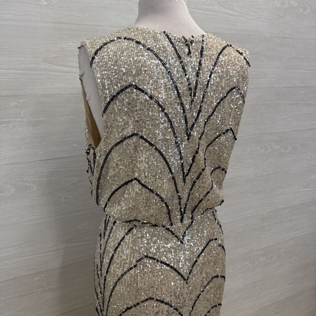 Laundry Silver/ Gold/ Black Sequin Print Long Formal Dress 12
