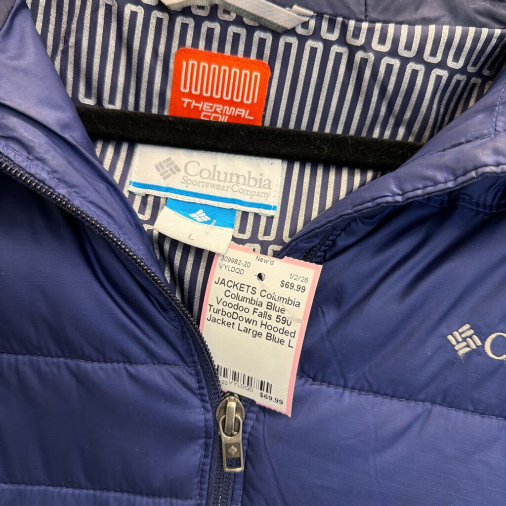 Columbia Blue Voodoo Falls 590 TurboDown Hooded Jacket Large
