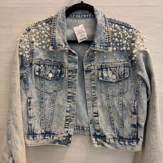 Light Wash Cropped Pearl Embellished Denim Jacket Medium