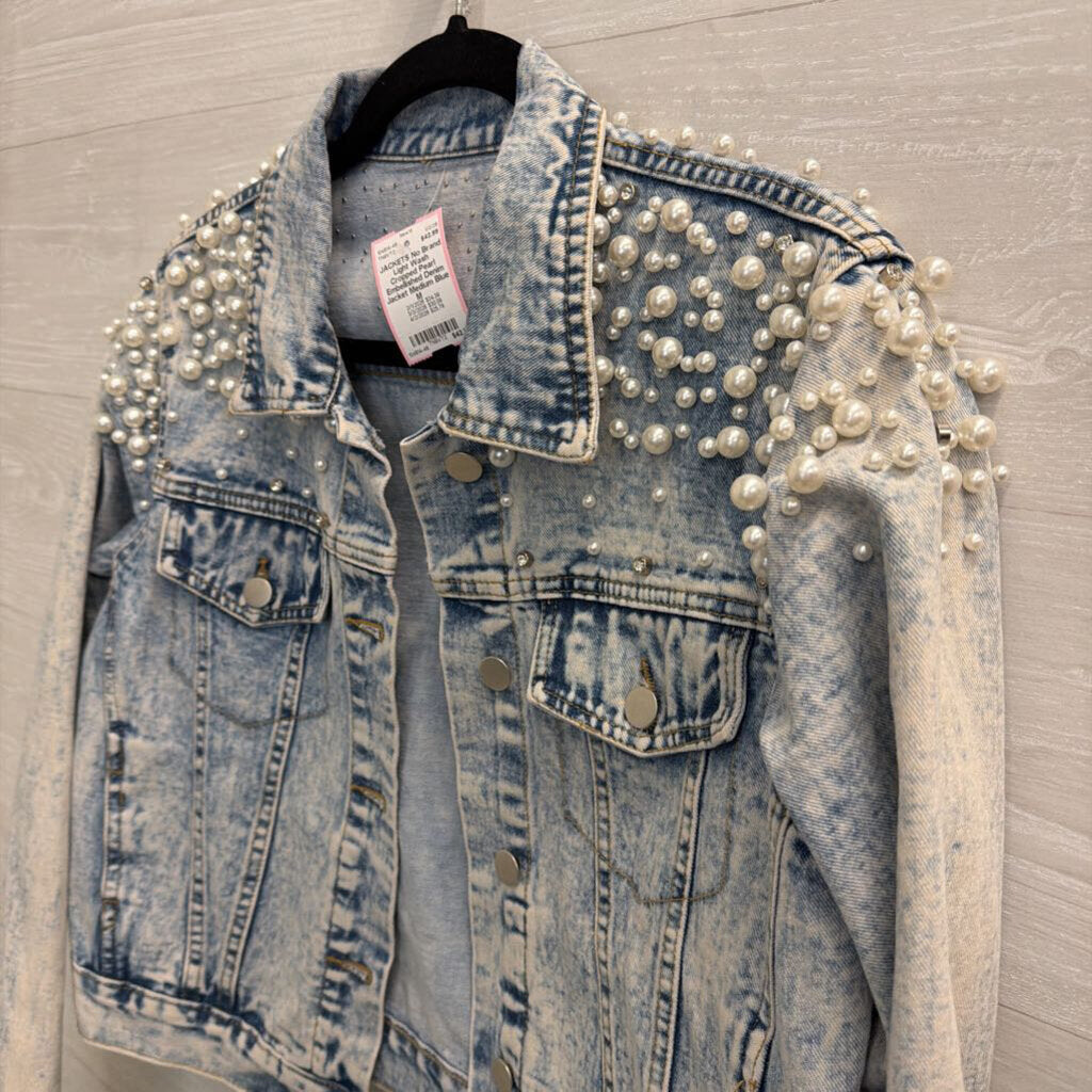 Light Wash Cropped Pearl Embellished Denim Jacket Medium