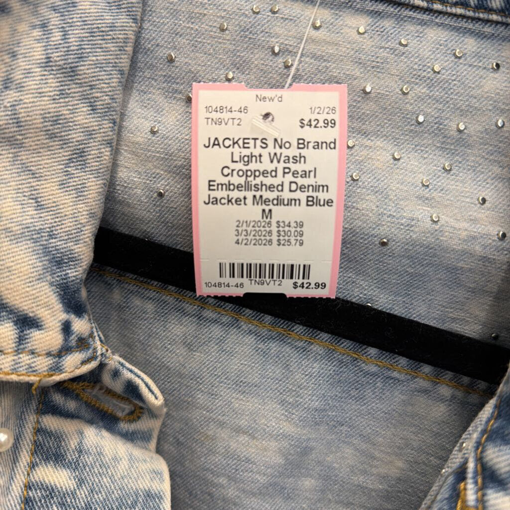 Light Wash Cropped Pearl Embellished Denim Jacket Medium