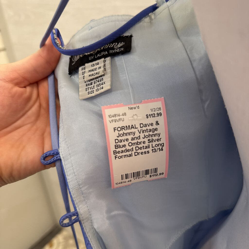 Vintage Dave and Johnny Blue Ombre Silver Beaded Detail Long Formal Dress 13/14