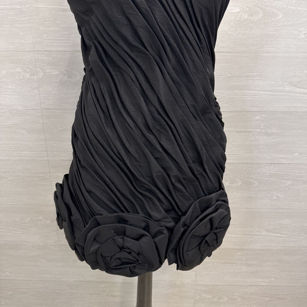 Vintage Wow! Black Ruched 3D Flower Hem Strapless Short Formal Dress 10