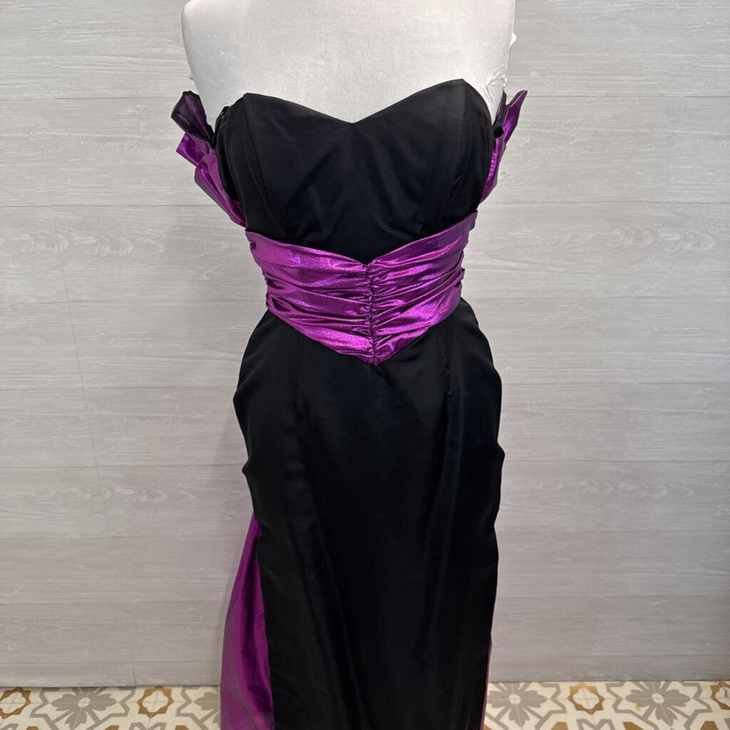 Vintage Gunne Sax Jessica McClintock Black/ Metallic Purple Strapless Long Formal Dress 7/8