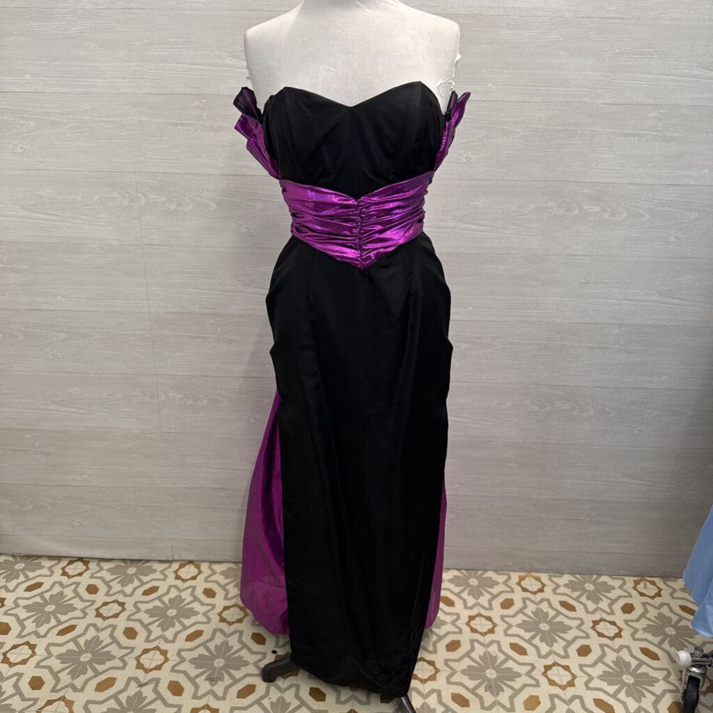 Vintage Gunne Sax Jessica McClintock Black/ Metallic Purple Strapless Long Formal Dress 7/8