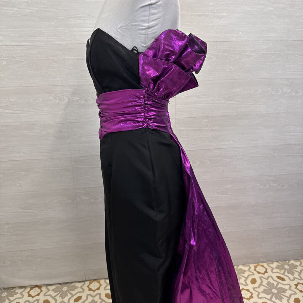 Vintage Gunne Sax Jessica McClintock Black/ Metallic Purple Strapless Long Formal Dress 7/8