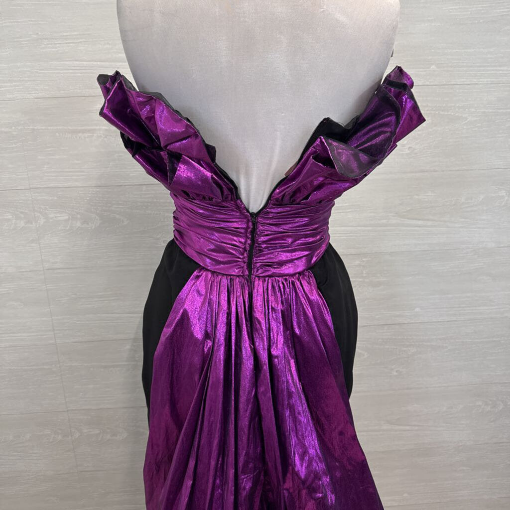 Vintage Gunne Sax Jessica McClintock Black/ Metallic Purple Strapless Long Formal Dress 7/8