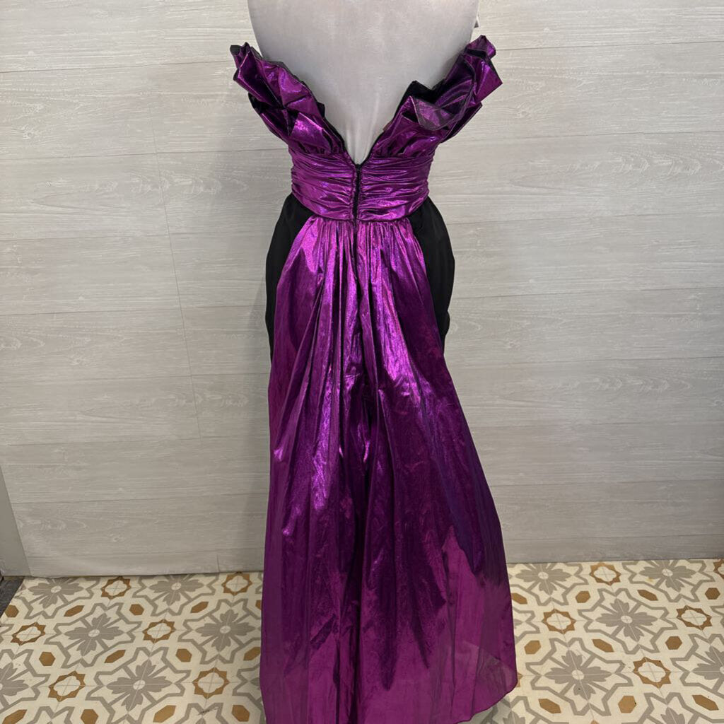 Vintage Gunne Sax Jessica McClintock Black/ Metallic Purple Strapless Long Formal Dress 7/8
