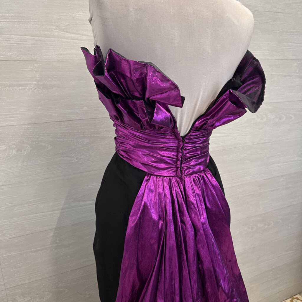 Vintage Gunne Sax Jessica McClintock Black/ Metallic Purple Strapless Long Formal Dress 7/8