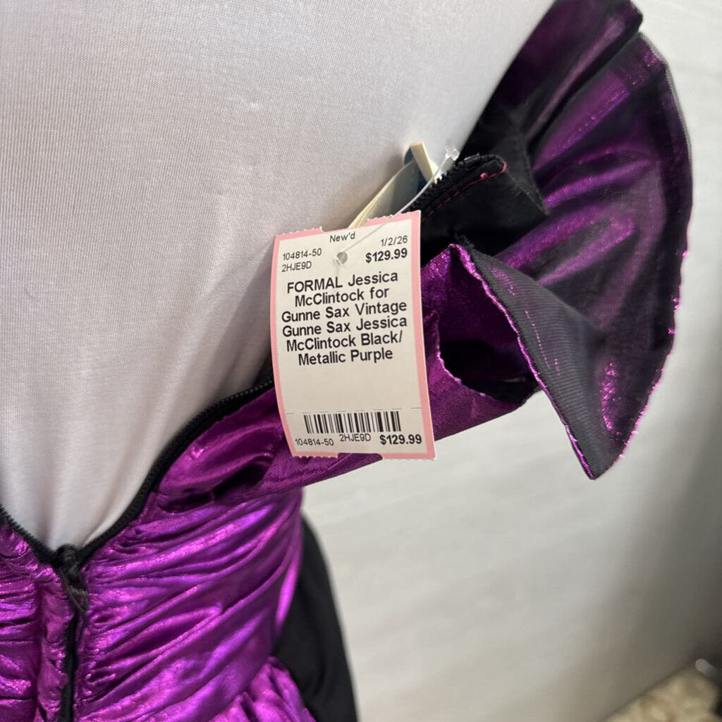 Vintage Gunne Sax Jessica McClintock Black/ Metallic Purple Strapless Long Formal Dress 7/8