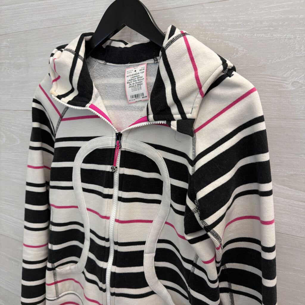Lululemon White/ Black/ Pink Striped Zip Up Hooded Jacket 6