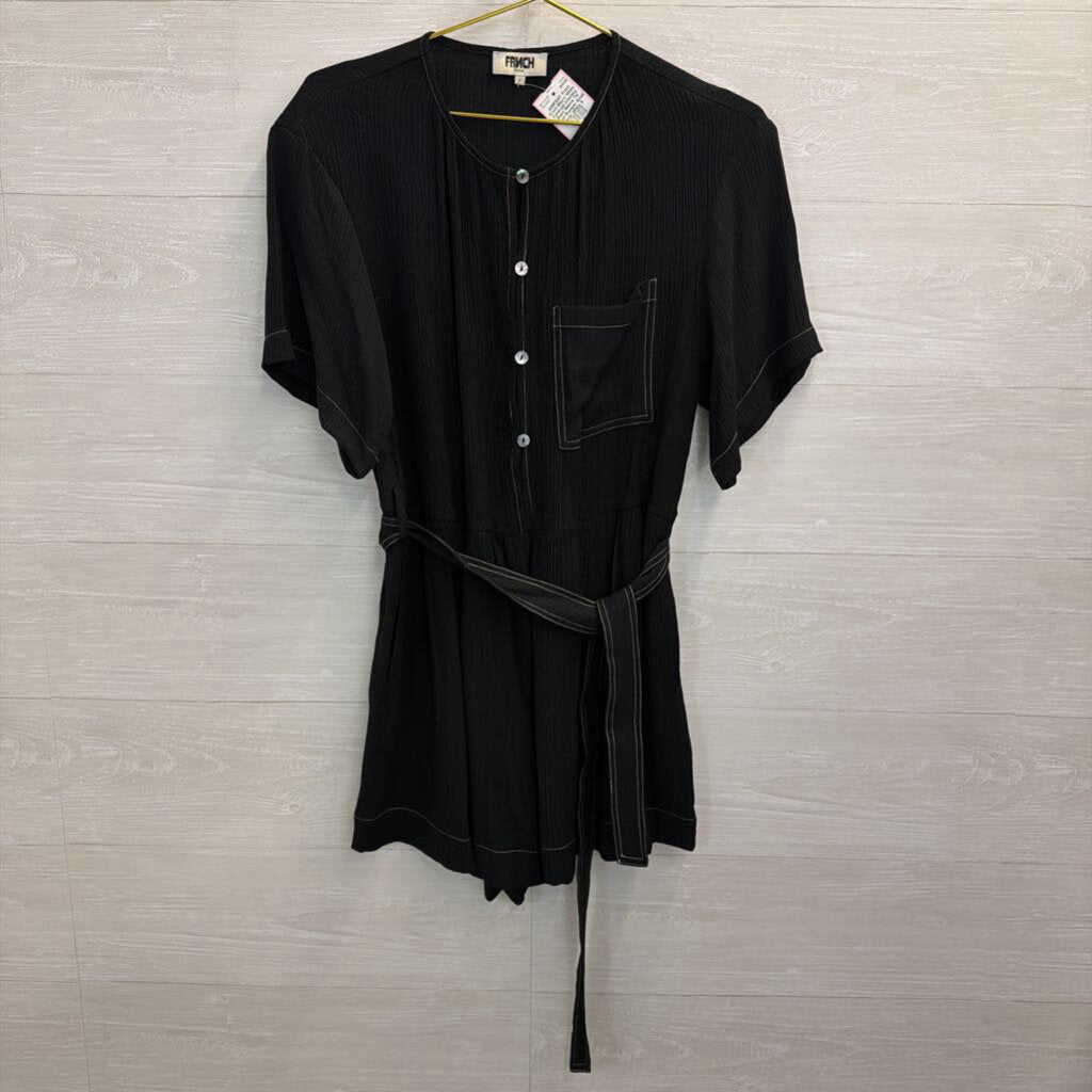 Frnch Black/ White Contrast Stitching Short Sleeve Tie Waist Romper Small