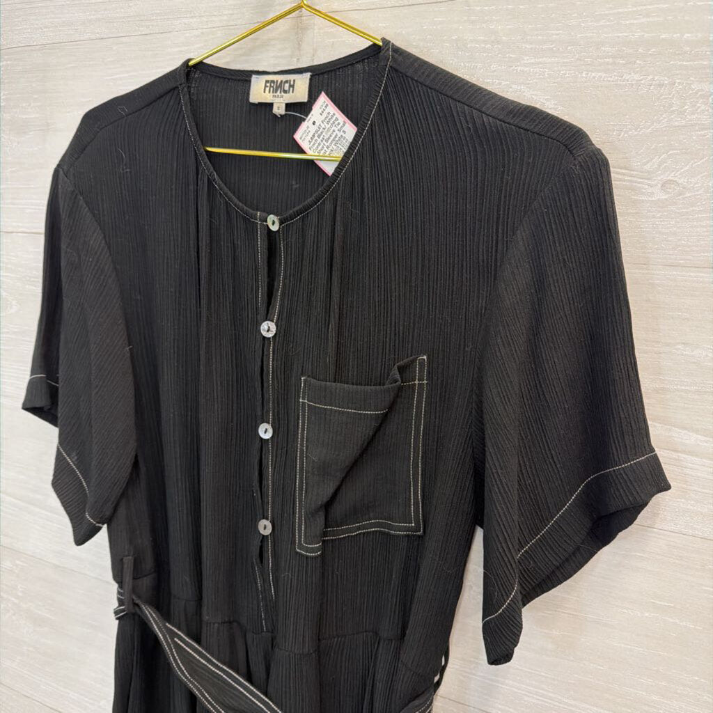 Frnch Black/ White Contrast Stitching Short Sleeve Tie Waist Romper Small