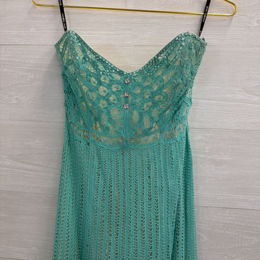 Vintage Betsey Johnson Blue Crochet Lace Knit Strapless Midi Dress 8