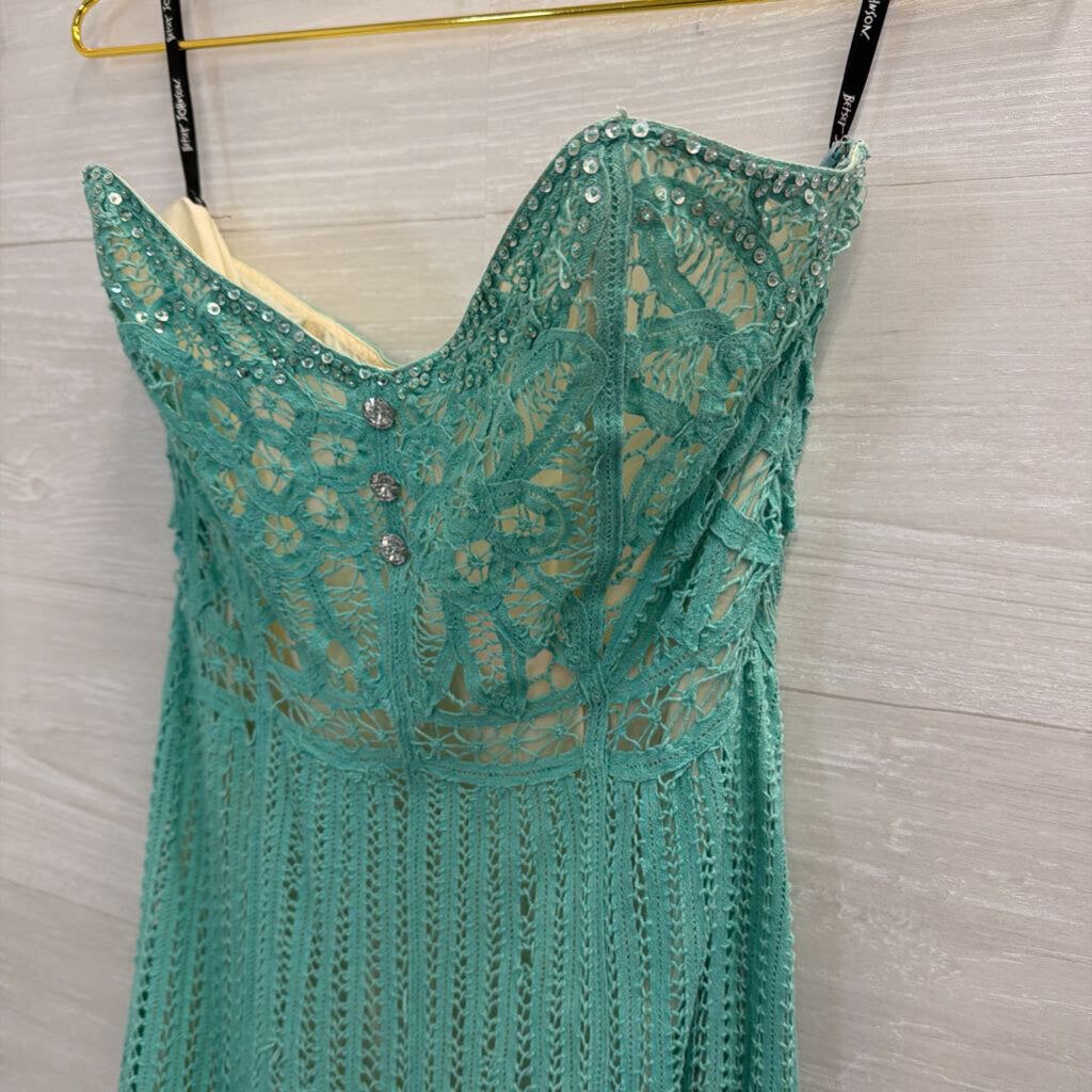 Vintage Betsey Johnson Blue Crochet Lace Knit Strapless Midi Dress 8