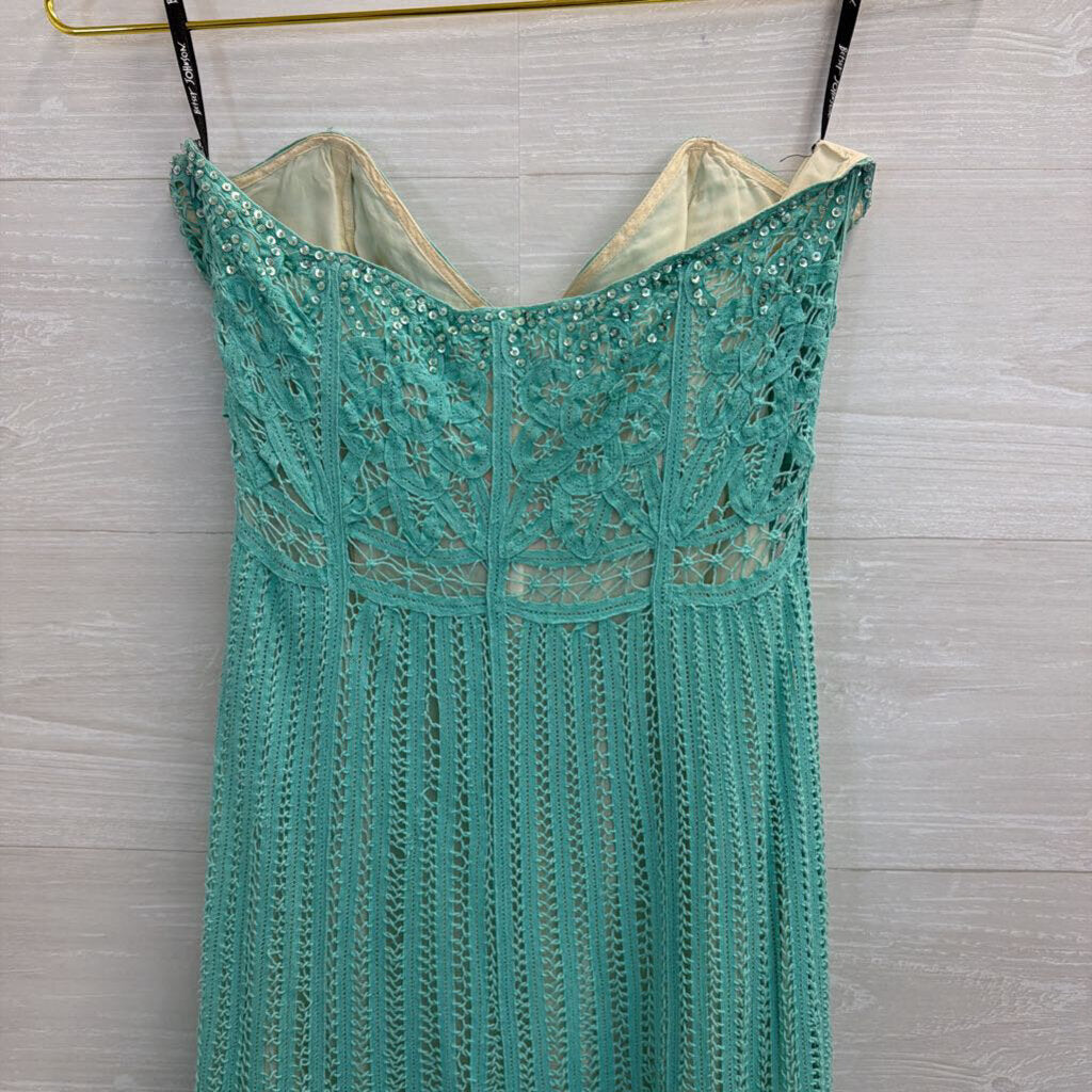 Vintage Betsey Johnson Blue Crochet Lace Knit Strapless Midi Dress 8