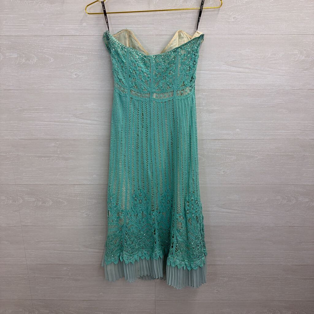 Vintage Betsey Johnson Blue Crochet Lace Knit Strapless Midi Dress 8