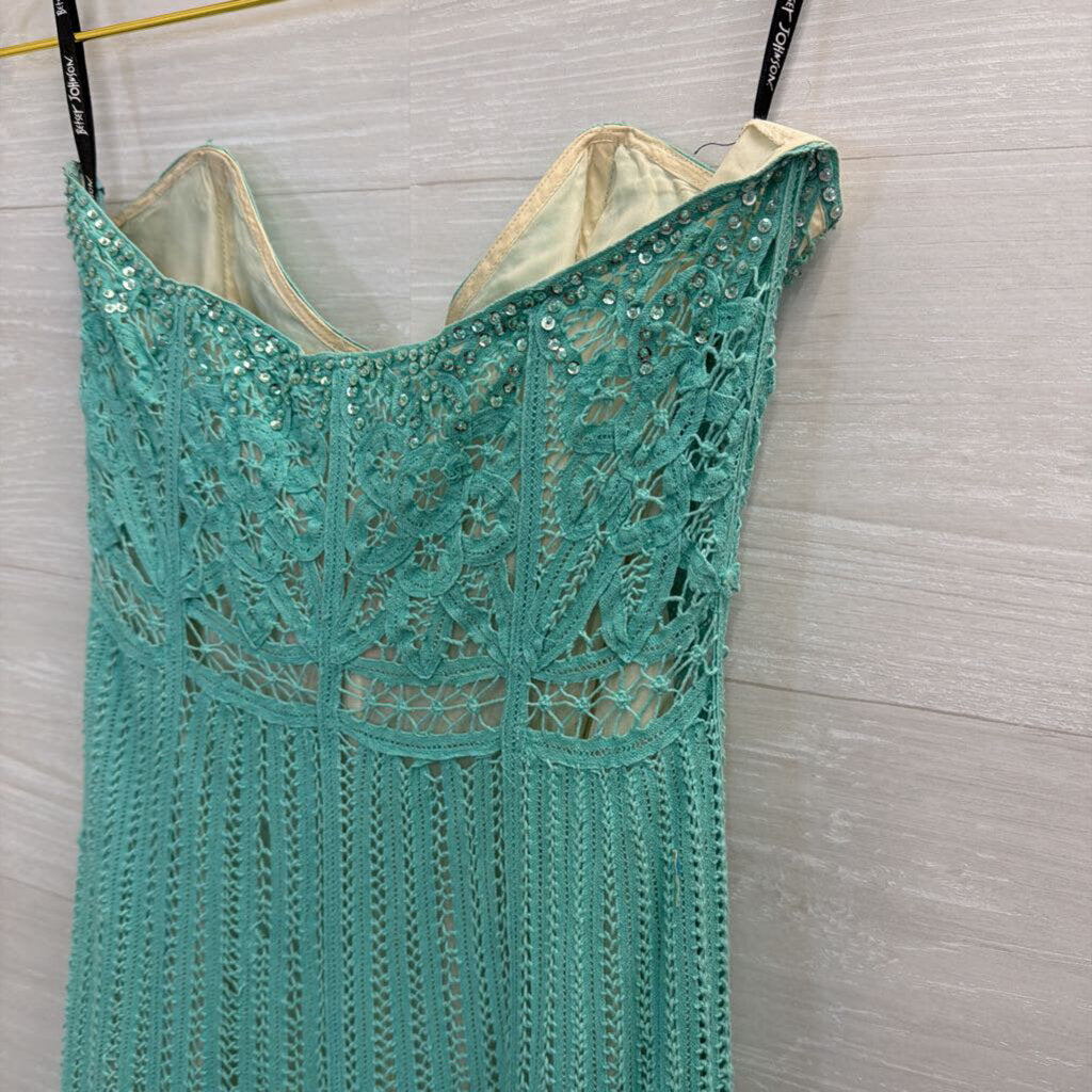 Vintage Betsey Johnson Blue Crochet Lace Knit Strapless Midi Dress 8