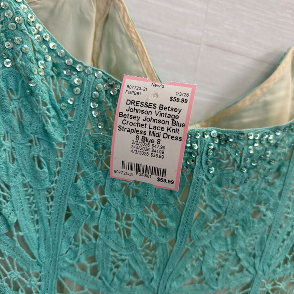 Vintage Betsey Johnson Blue Crochet Lace Knit Strapless Midi Dress 8