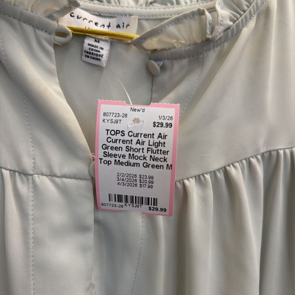 Current Air Light Green Short Flutter Sleeve Mock Neck Top Medium