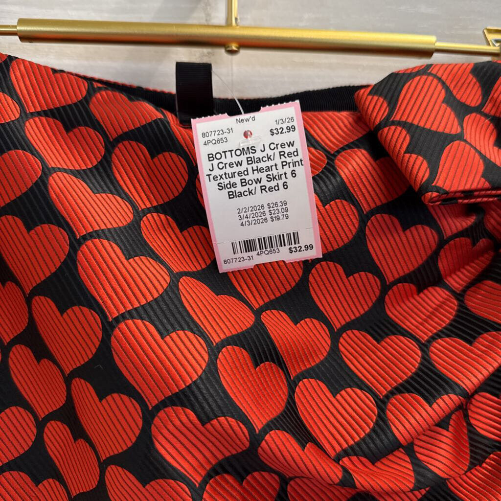 J Crew Black/ Red Textured Heart Print Side Bow Skirt 6