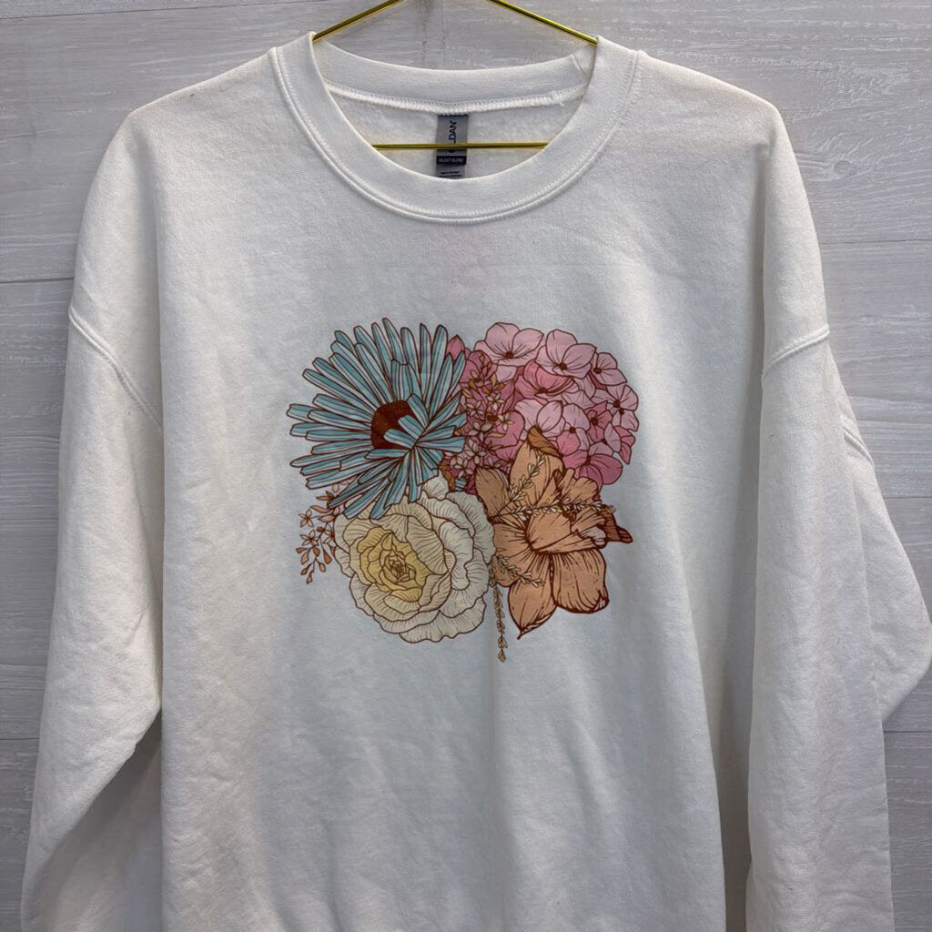 Gildan White/ Multi Flower Graphic Pullover Extra Large