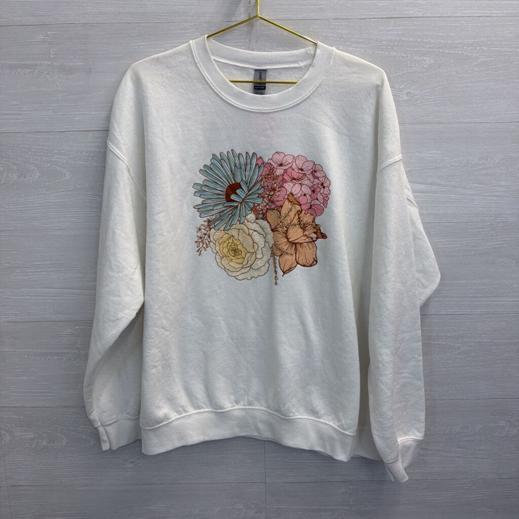 Gildan White/ Multi Flower Graphic Pullover Extra Large