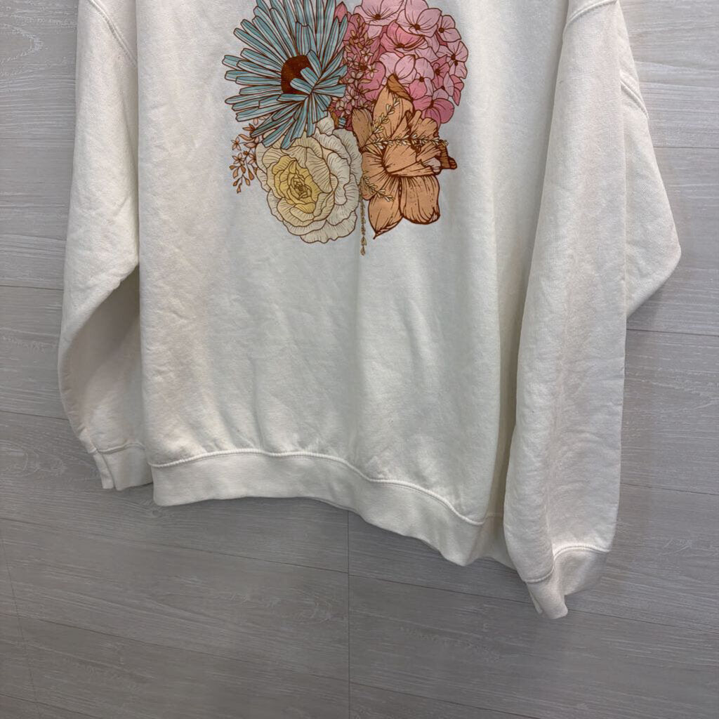 Gildan White/ Multi Flower Graphic Pullover Extra Large