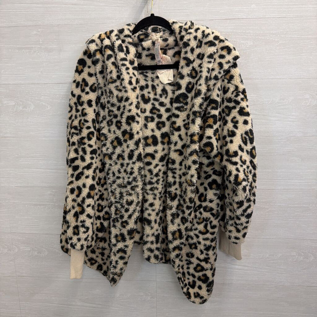 Hem and Thread Soft Fuzzy Leopard Print Open Front Hooded Jacket One Size