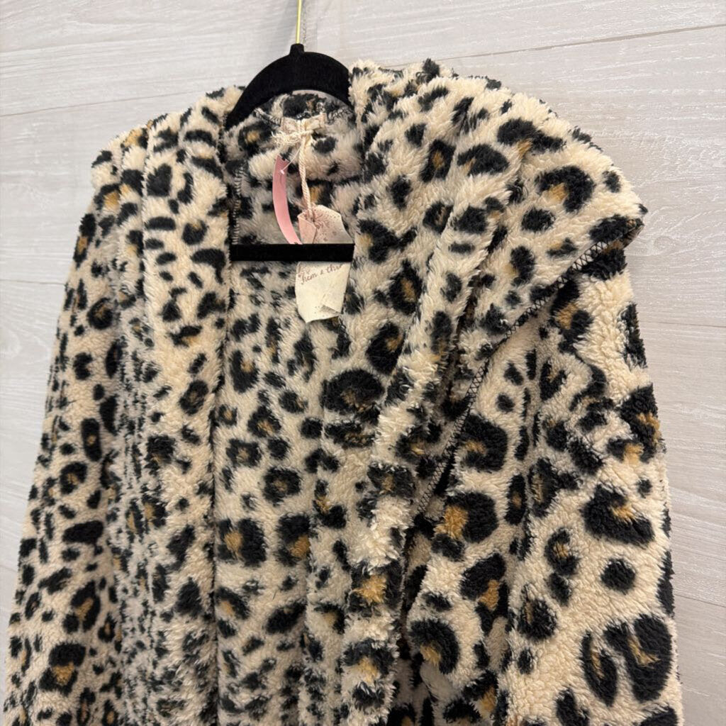 Hem and Thread Soft Fuzzy Leopard Print Open Front Hooded Jacket One Size
