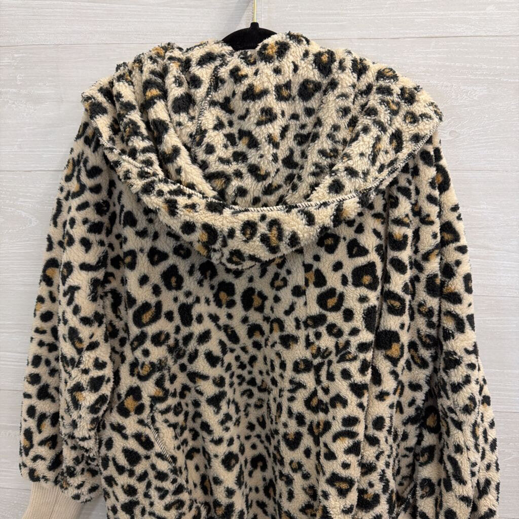 Hem and Thread Soft Fuzzy Leopard Print Open Front Hooded Jacket One Size