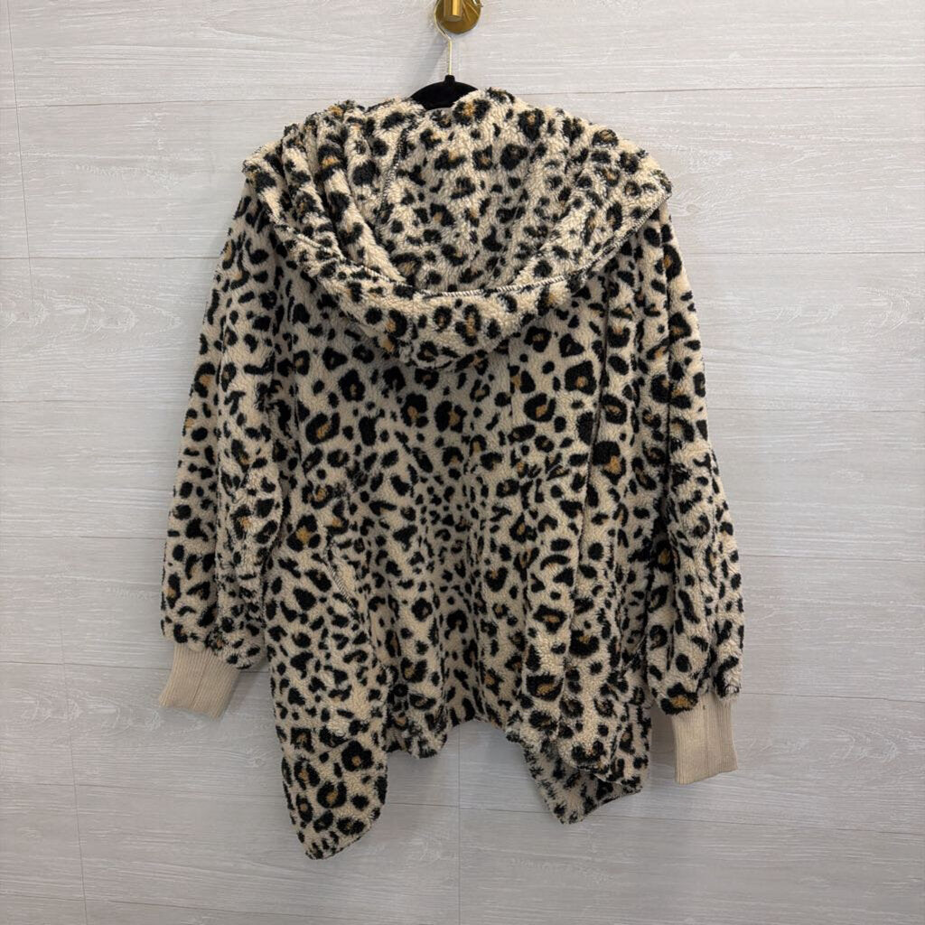 Hem and Thread Soft Fuzzy Leopard Print Open Front Hooded Jacket One Size