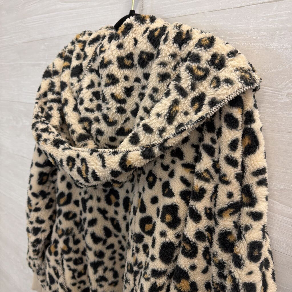 Hem and Thread Soft Fuzzy Leopard Print Open Front Hooded Jacket One Size