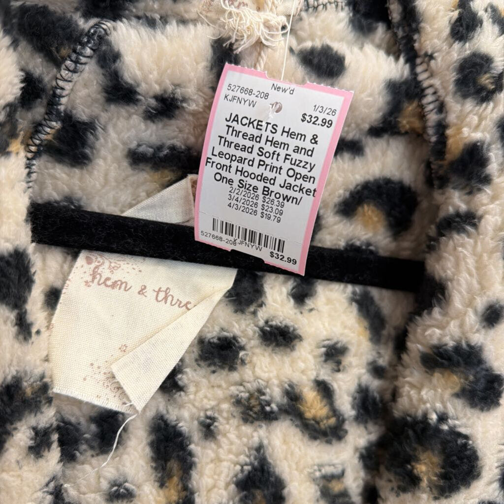 Hem and Thread Soft Fuzzy Leopard Print Open Front Hooded Jacket One Size