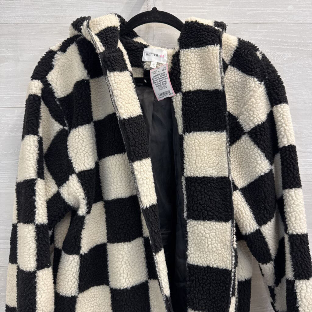 Better Be Black/ Cream Checkered Sherpa Open Front Hooded Jacket Medium