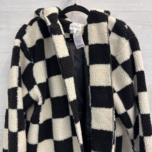Better Be Black/ Cream Checkered Sherpa Open Front Hooded Jacket Medium