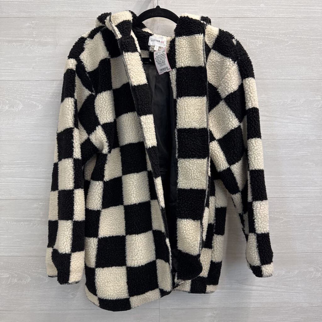 Better Be Black/ Cream Checkered Sherpa Open Front Hooded Jacket Medium