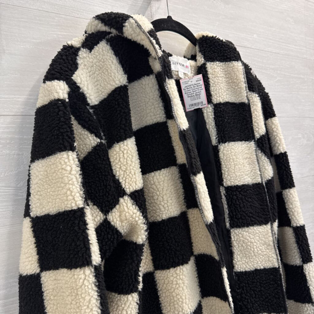 Better Be Black/ Cream Checkered Sherpa Open Front Hooded Jacket Medium