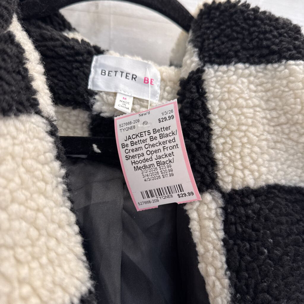 Better Be Black/ Cream Checkered Sherpa Open Front Hooded Jacket Medium