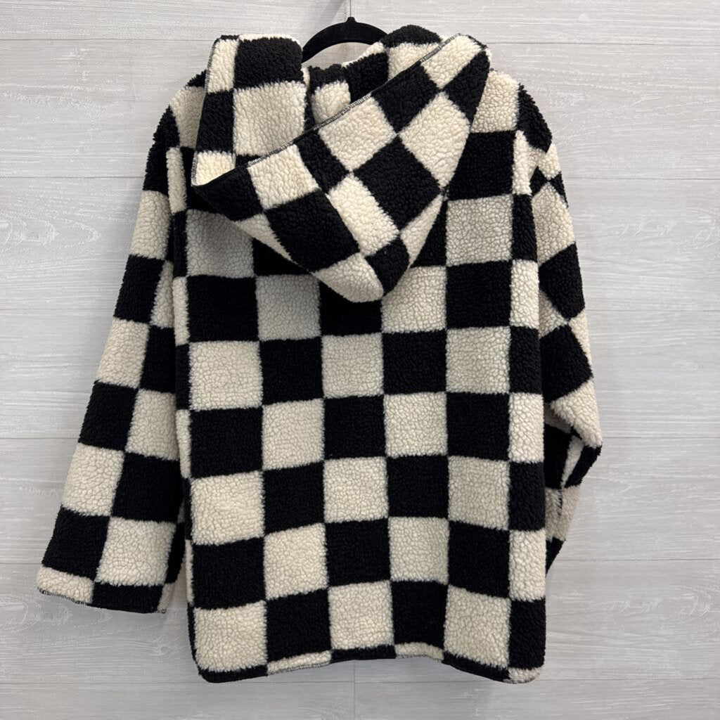 Better Be Black/ Cream Checkered Sherpa Open Front Hooded Jacket Medium