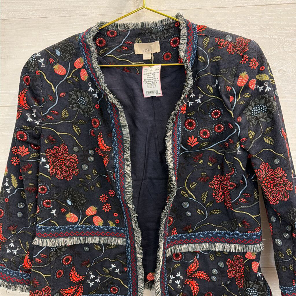 Loft Navy/ Pink Primavera Strawberry Floral Fringe Blazer Jacket 6