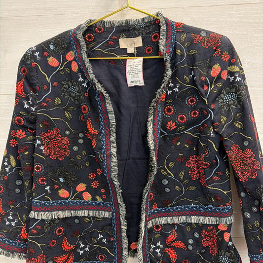 Loft Navy/ Pink Primavera Strawberry Floral Fringe Blazer Jacket 6