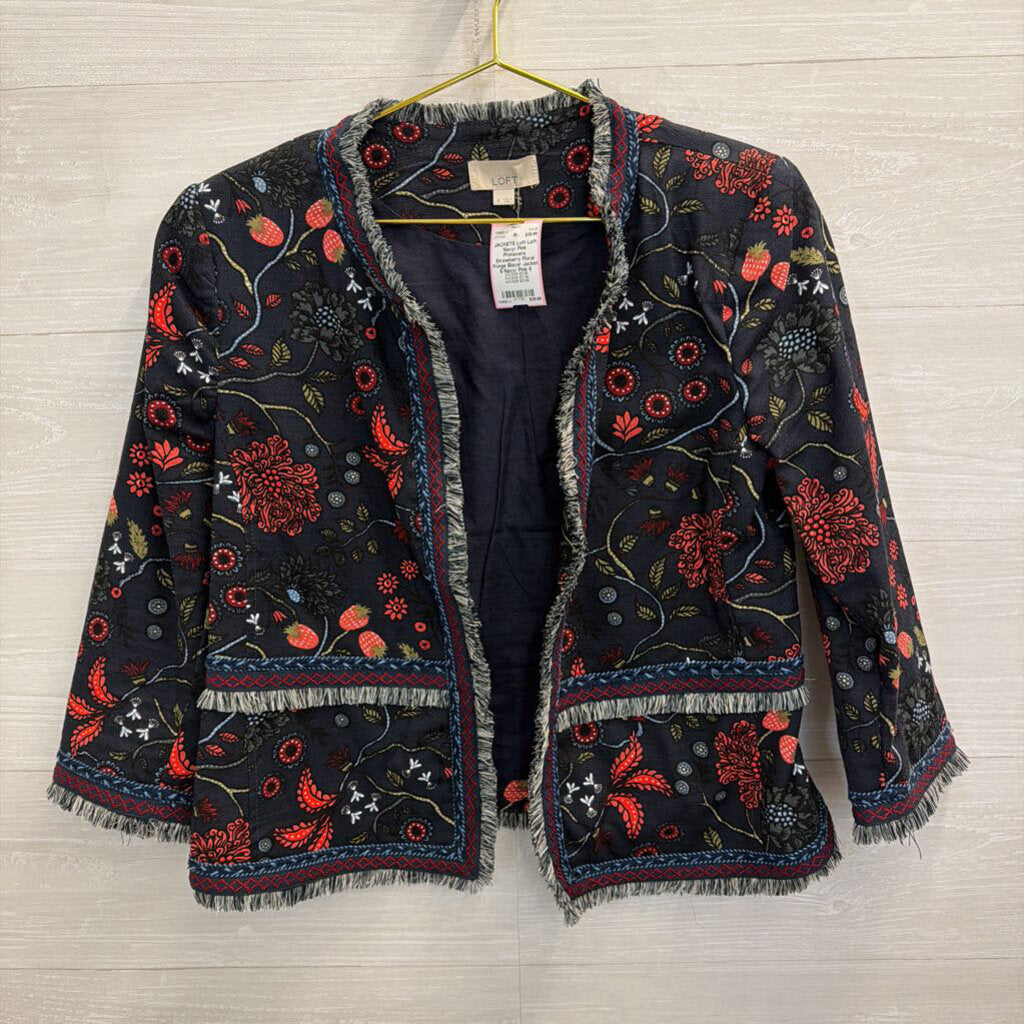 Loft Navy/ Pink Primavera Strawberry Floral Fringe Blazer Jacket 6