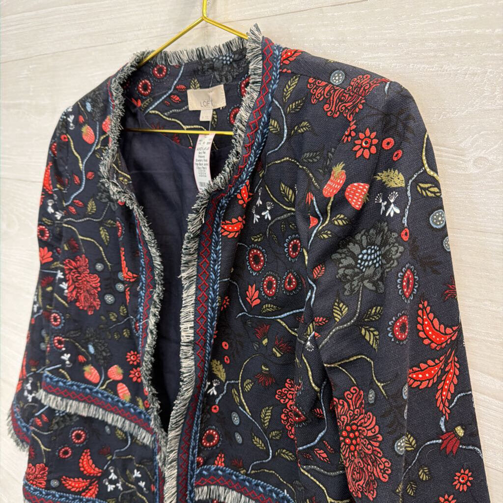 Loft Navy/ Pink Primavera Strawberry Floral Fringe Blazer Jacket 6