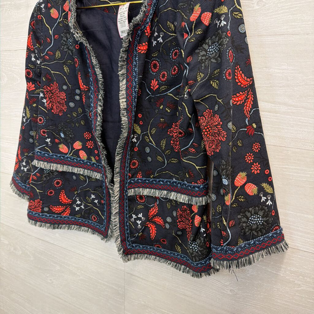 Loft Navy/ Pink Primavera Strawberry Floral Fringe Blazer Jacket 6