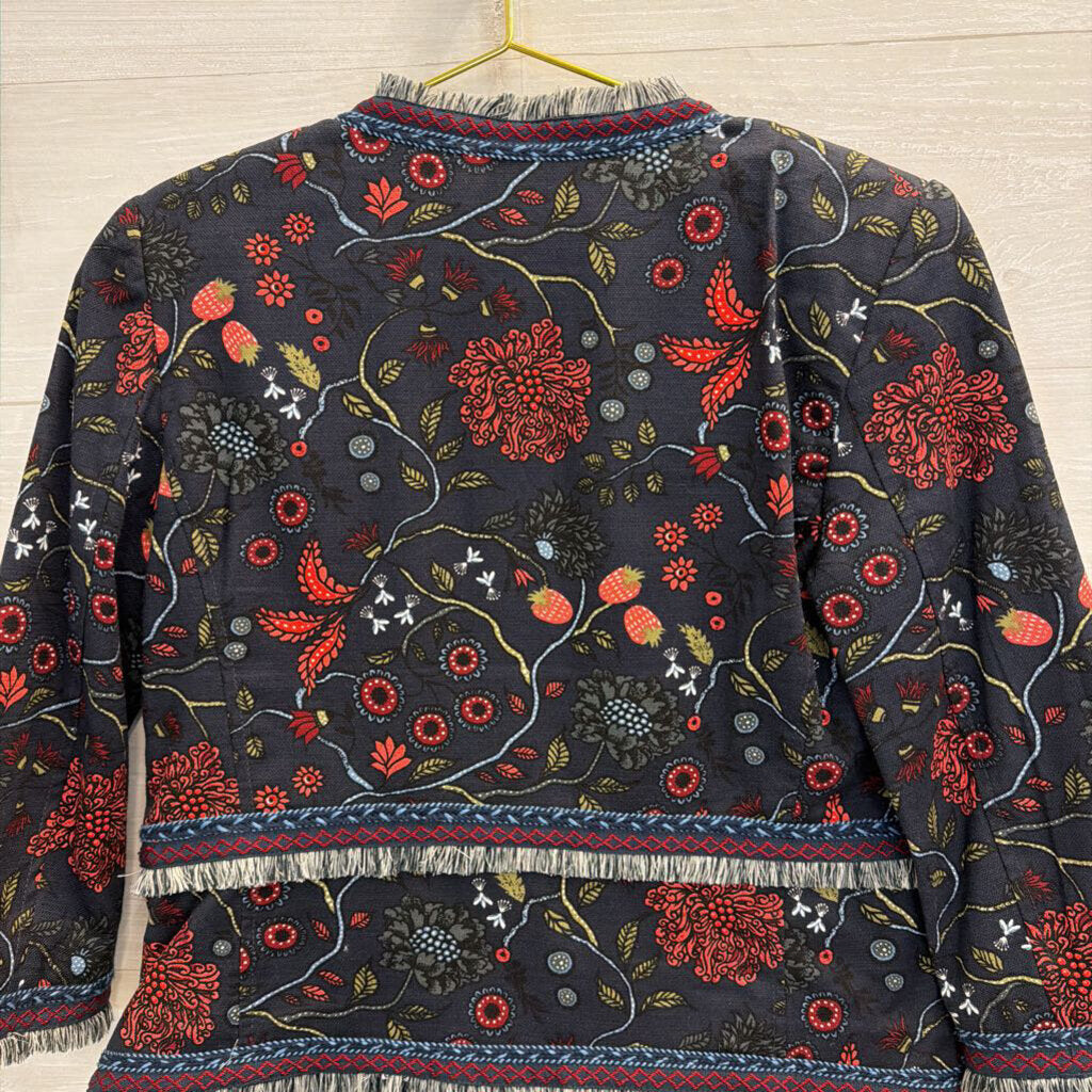 Loft Navy/ Pink Primavera Strawberry Floral Fringe Blazer Jacket 6