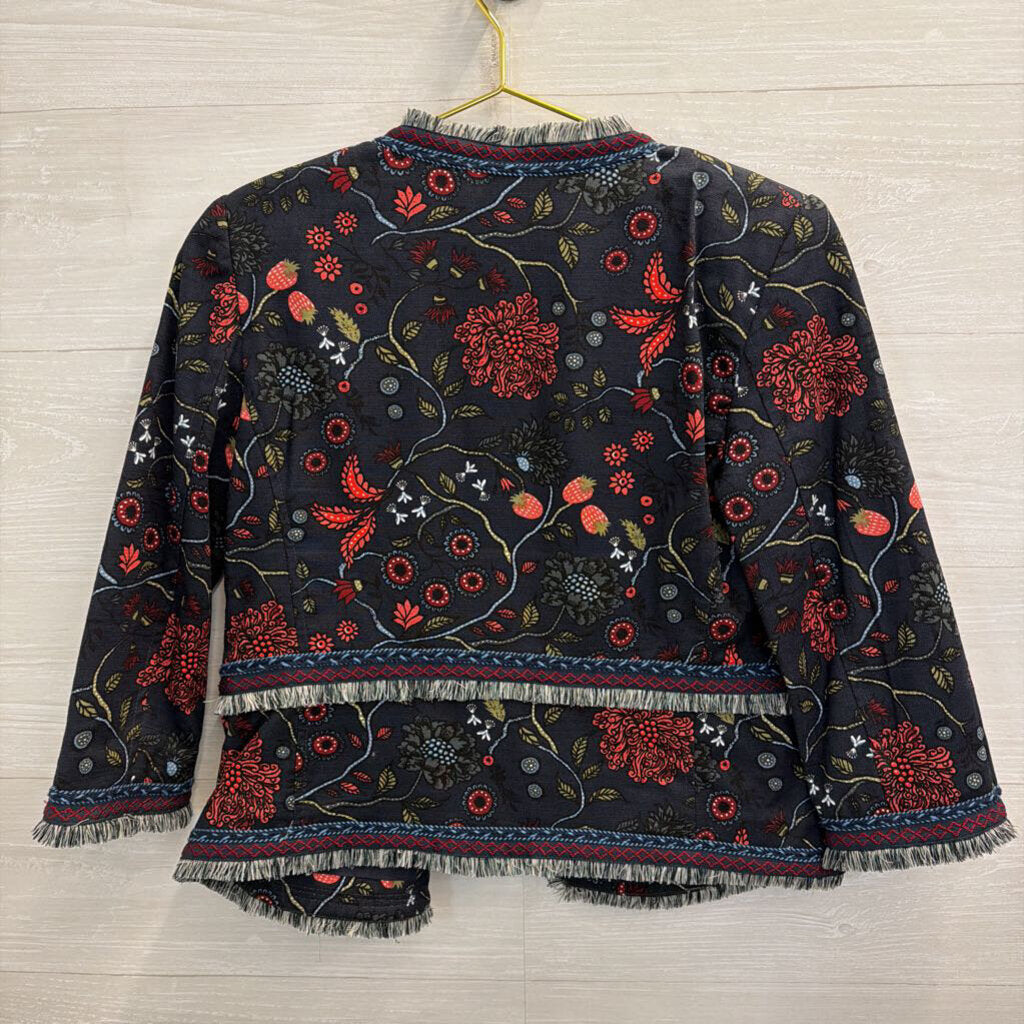 Loft Navy/ Pink Primavera Strawberry Floral Fringe Blazer Jacket 6