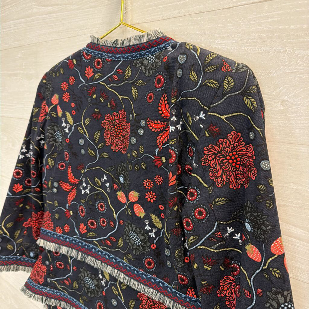 Loft Navy/ Pink Primavera Strawberry Floral Fringe Blazer Jacket 6