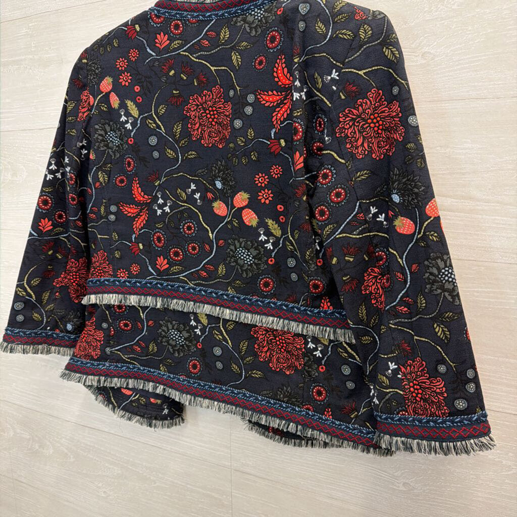 Loft Navy/ Pink Primavera Strawberry Floral Fringe Blazer Jacket 6